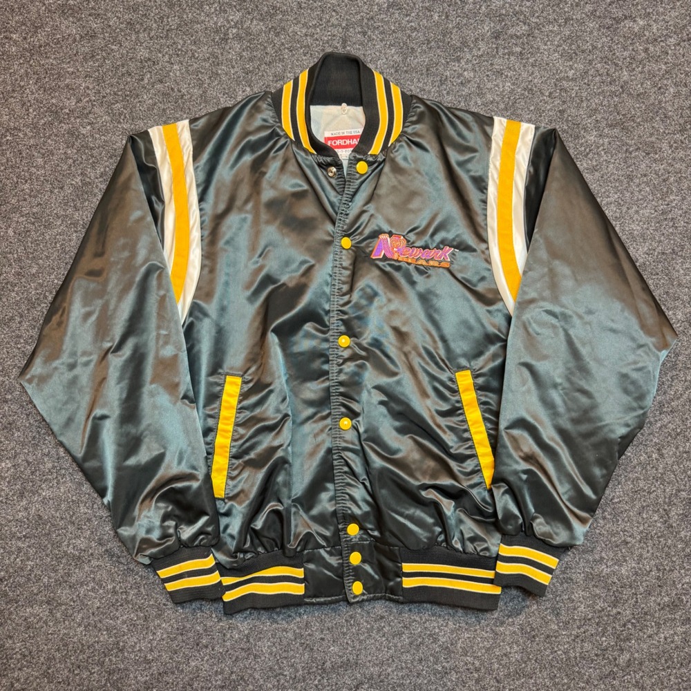 Vintage Fordham Newark Bears Satin Bomber Jacket Black Yellow Mens Large USA